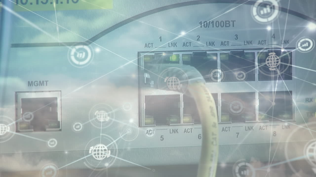 Animation of clouds and network of connections with icons over server room