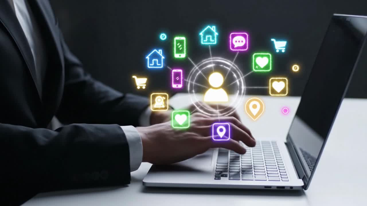 Businessman managing a network of digital apps and social media