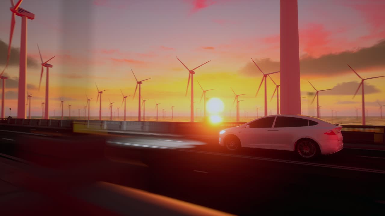 태양이 지는 동안 풍력 터빈을 배경으로 고속도로에서 일반적인 전기 자동차 드라이브의 3d 렌더링.