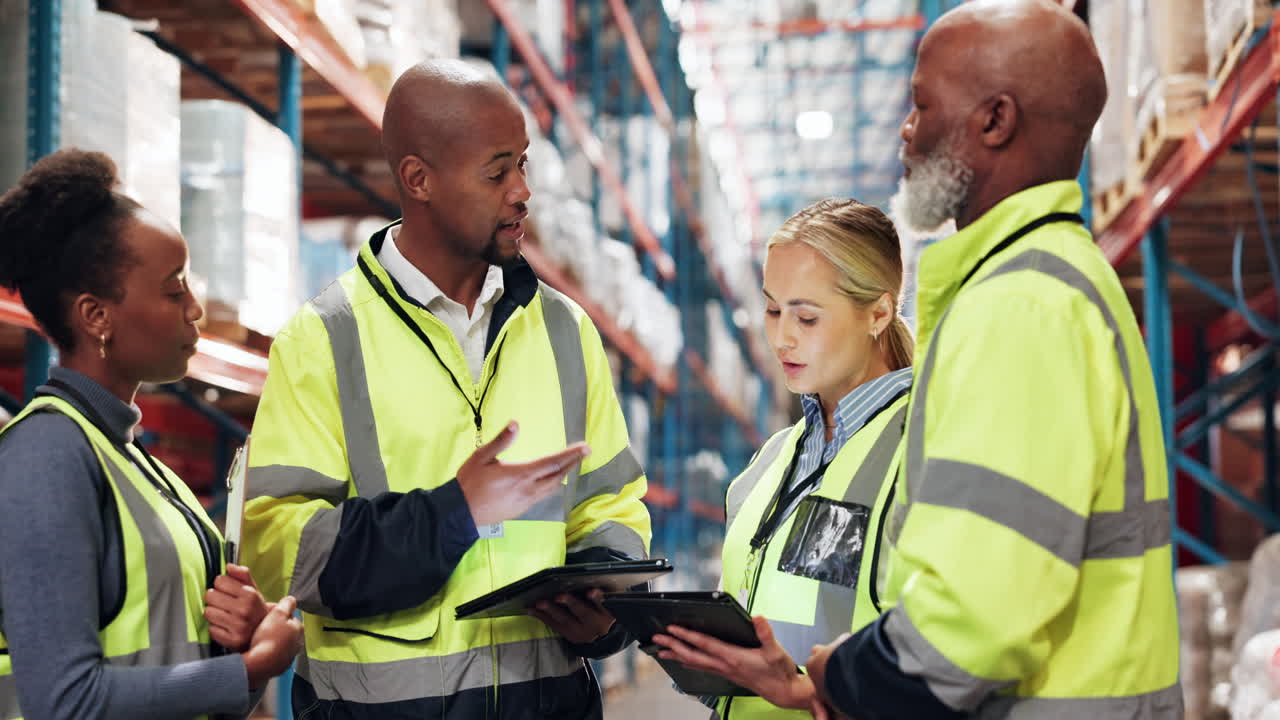 trabajadores del almacén que tienen una reunión