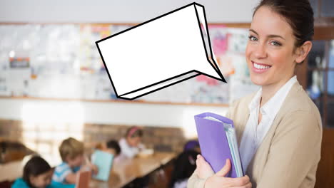 animación de una burbuja de habla blanca vacía sobre una maestra sonriente con escolares en clase