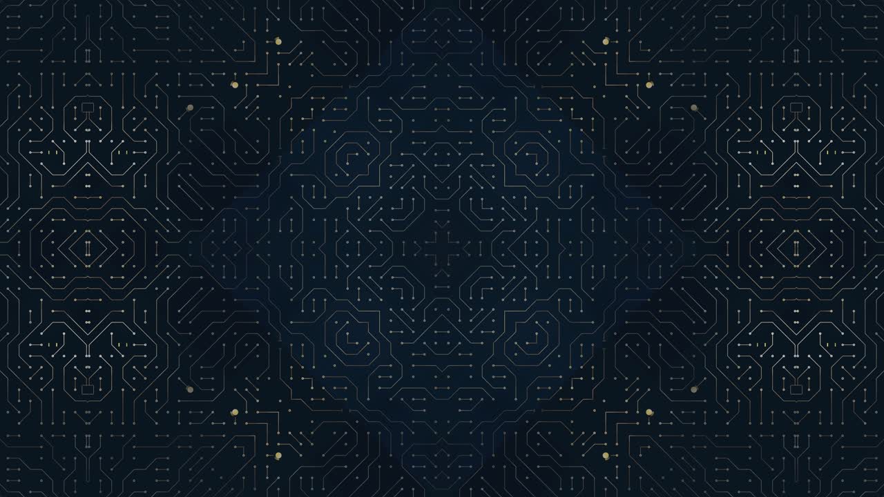 추상적인 전자 회로 기판 만화경 배경, 기술 컨셉을 위한 대칭 패턴 라인 및 연결점