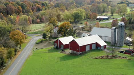 american rural farm with two red barns and silos