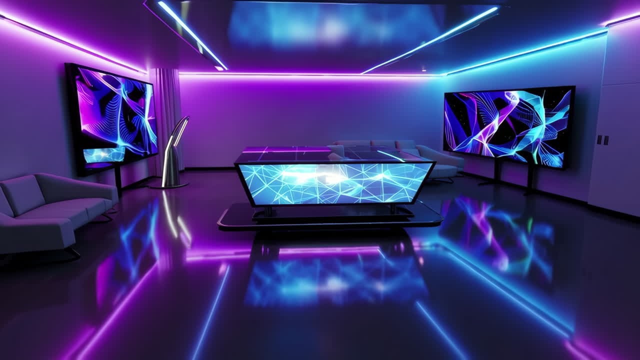 Futuristic Room with Neon Lights and Digital Abstract Displays