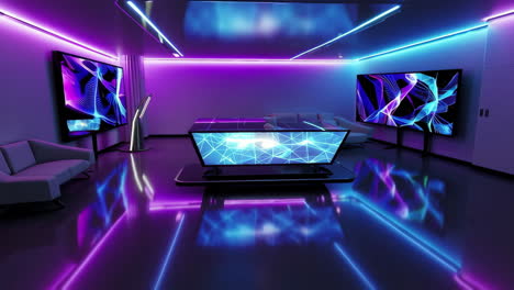 futuristic room with neon lights and digital abstract displays