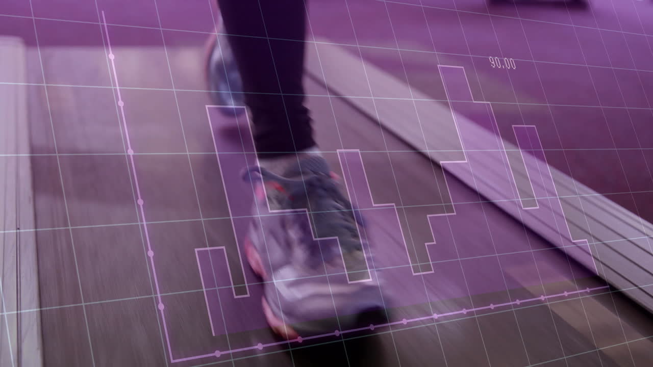 Lower legs and silver running shoes walking on treadmill, displaying purple grid, bar graph overlay