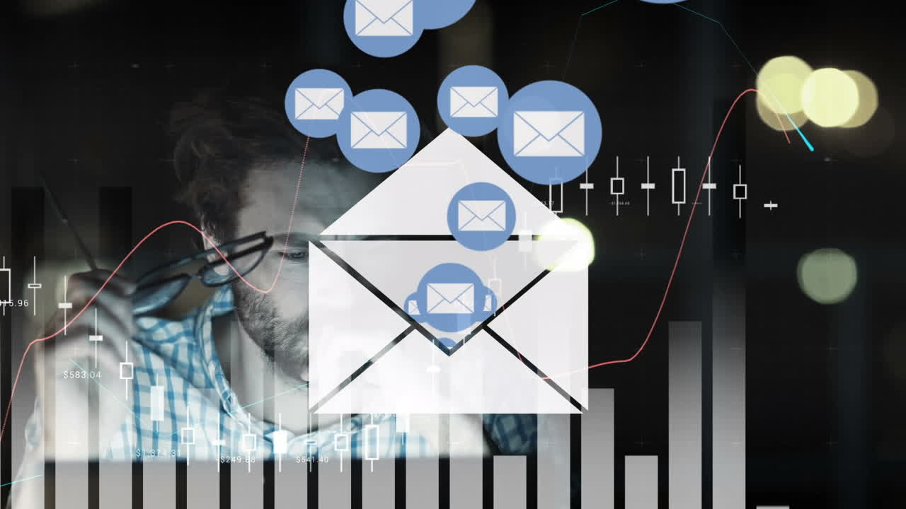Animation of email envelope icons floating over data processing on graphs and man using computer