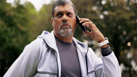 Phone-call,-outdoor-and-mature-man-athlete-talking
