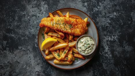 fish and chips with tarter sauce and lemon