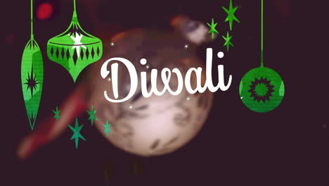 animación de diwali y baubles sobre las decoraciones de navidad
