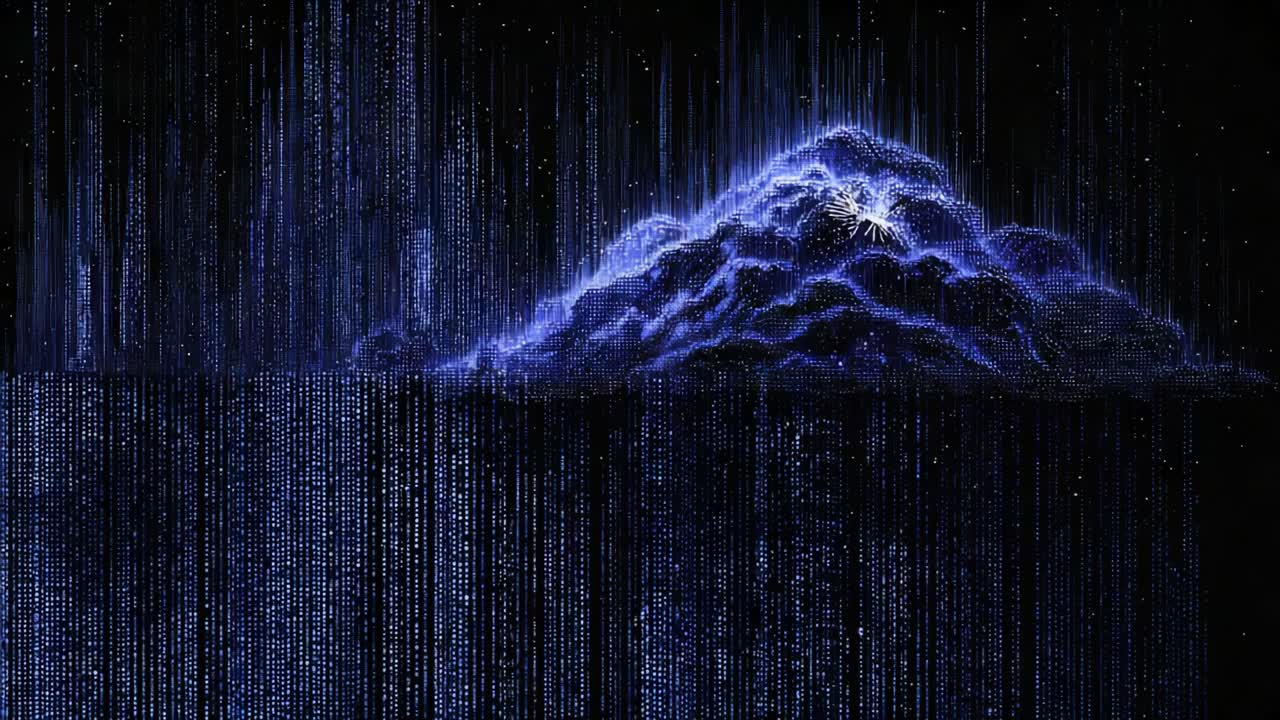 Luminous sun rising over a futuristic mountain range made of shimmering blue particles, with cascading data streams creating a matrix like effect against a dark, starry background