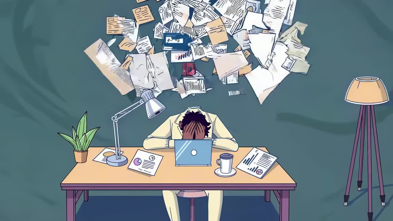 Illustration of a stressed person at a desk with papers flying overhead