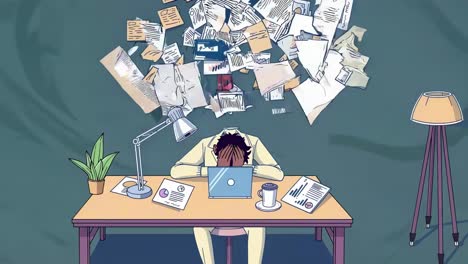 illustration of a stressed person at a desk with papers flying overhead