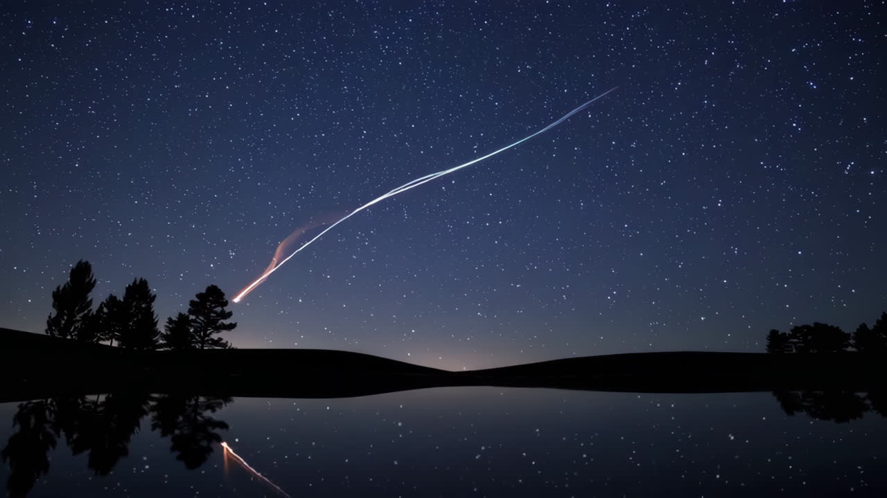 Starry Night Over a Calm Lake with Meteor