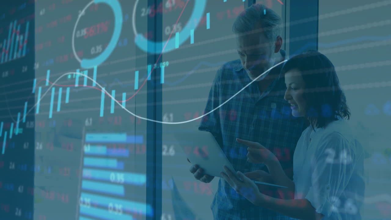 Analyzing financial data, business professionals using charts and graphs in animation