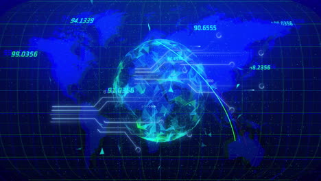 animation of digital data processing over globe and computer circuit board