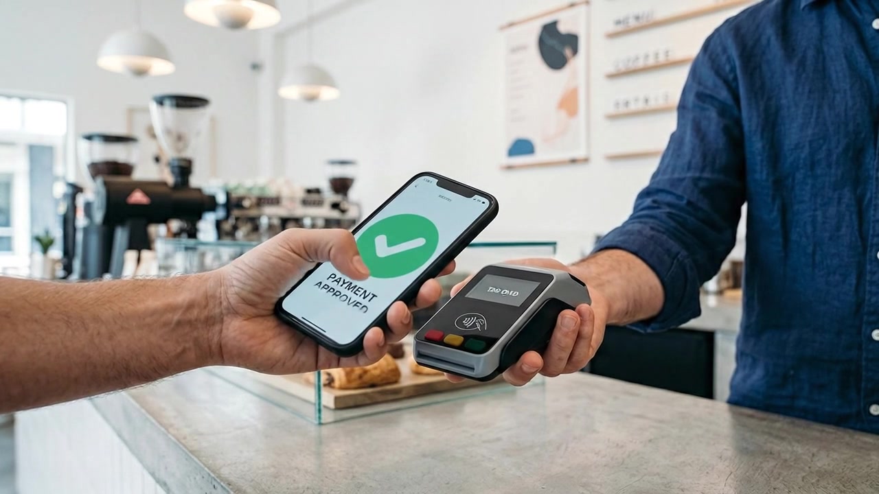 Escena de interacción comercial con tecnología de pago móvil y smartphone