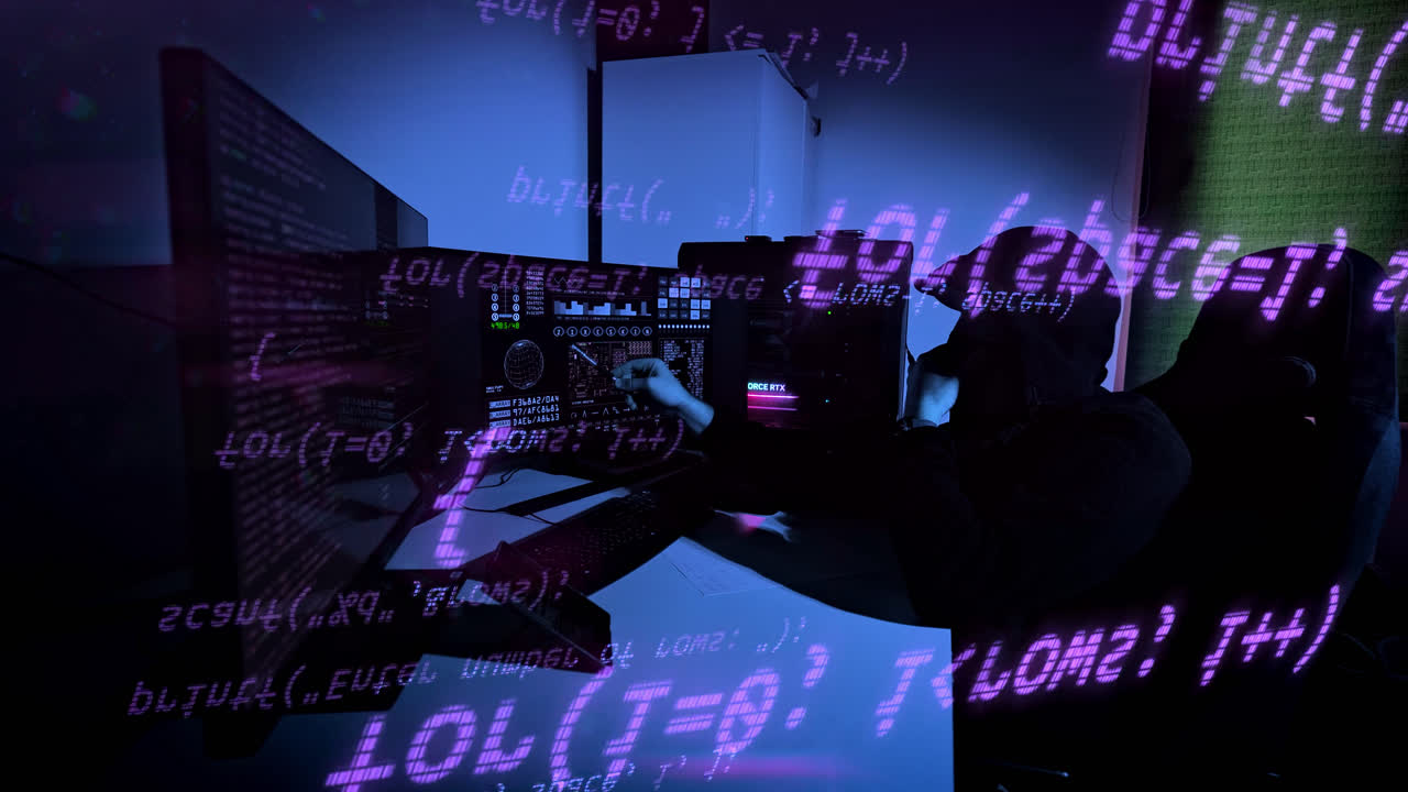 Blue-lit hacker overwhelmed by data breach discovery as digital code floats past