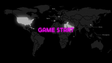 animation of digital world map with highlighted cities and game start text