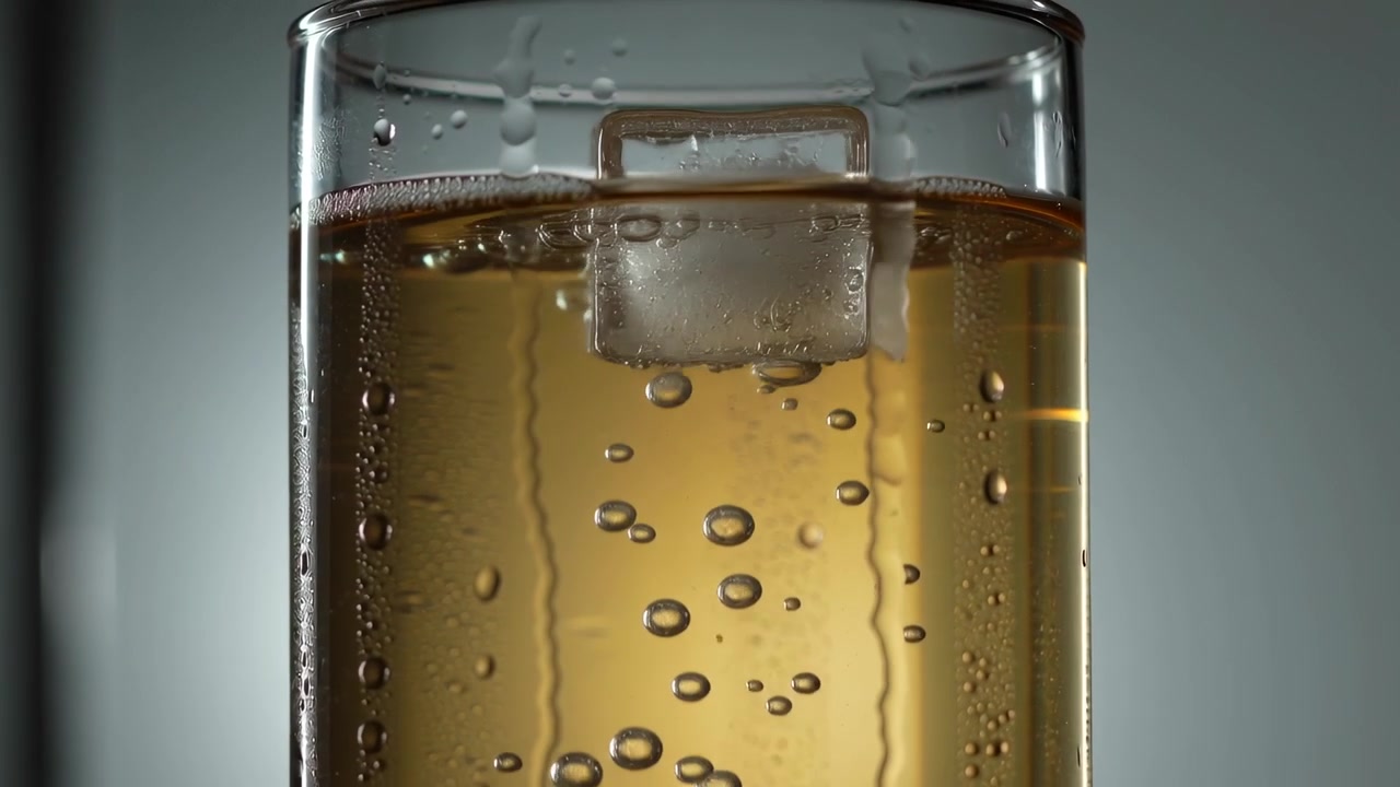 Un singolo cubetto di ghiaccio trasparente cade in un bicchiere alto di bibita ambrata in studio, creando bollicine che salgono