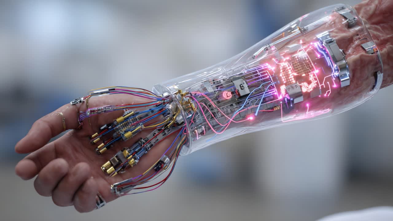 Braccio Cibernetico Futuristico: Uno Sguardo Mozafiato sull'Integrazione tra Tecnologia e Anatomia Umana con Robotica Avanzata e Circuiti