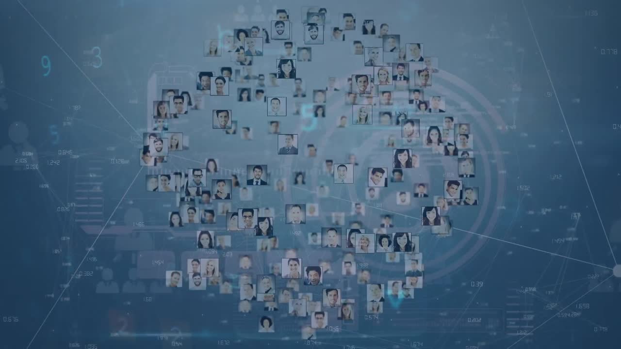 숫자, 연결된 점 및 프로그래밍 언어로 지구를 형성하는 사람들의 프로필의 애니메이션