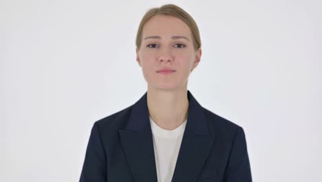 young businesswoman showing thumbs up sign on white background