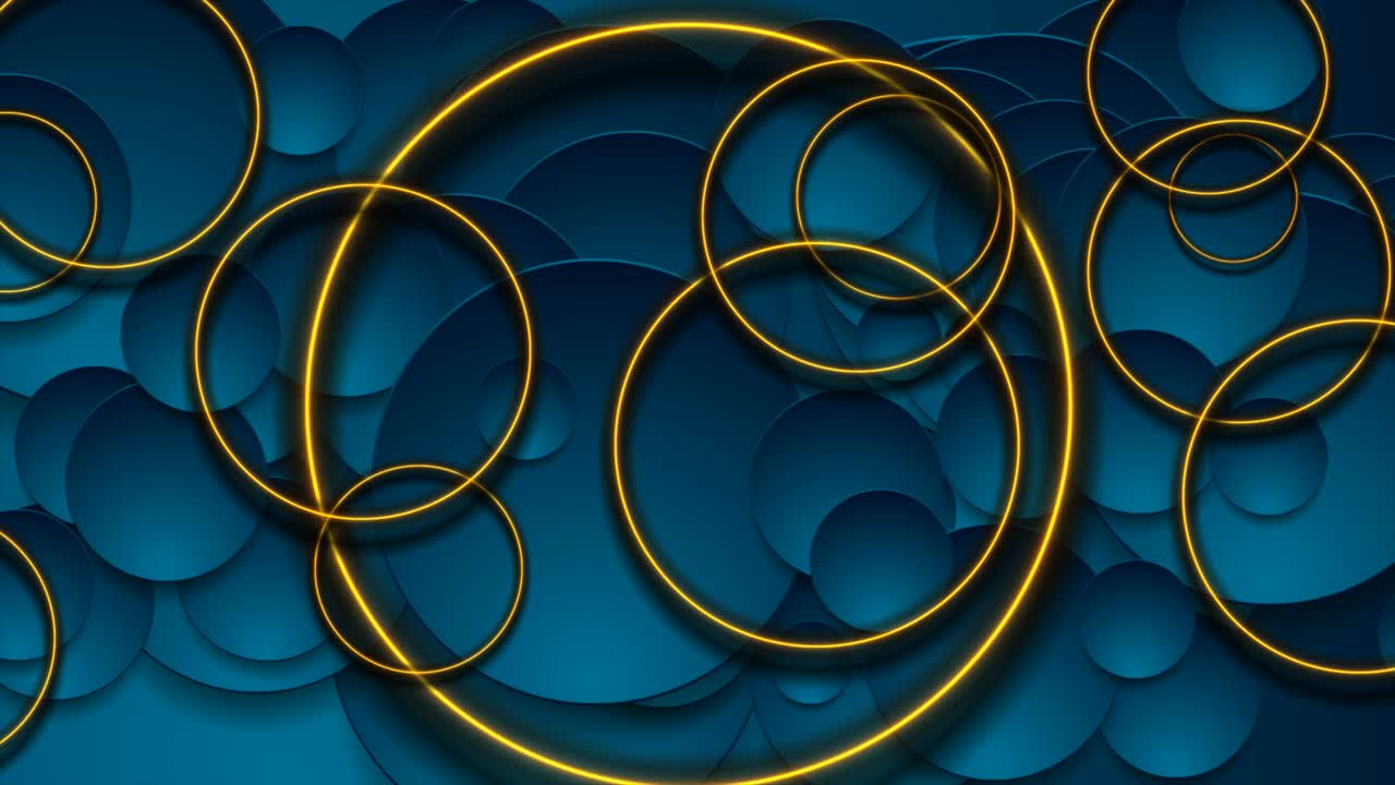 Dark blue geometric circles with glowing neon rings abstract motion design