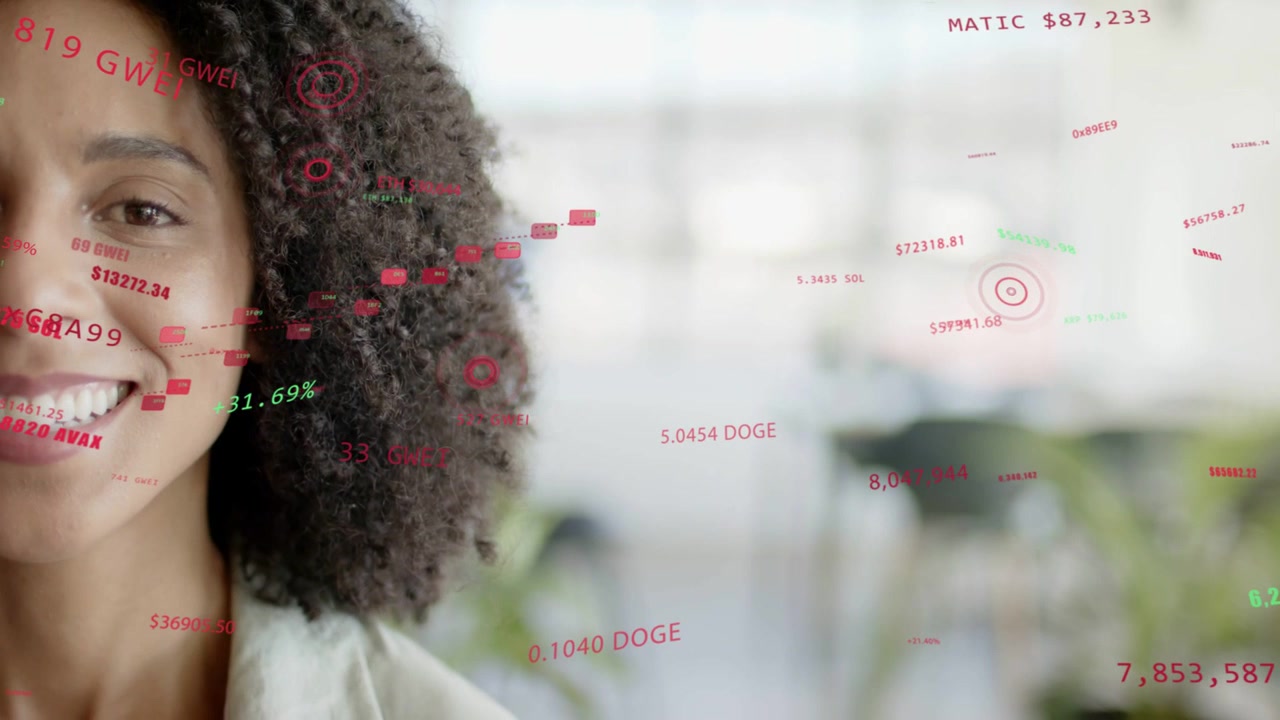 Mid-adult woman smiling, translucent crypto overlay appearing around hair and showing market prices