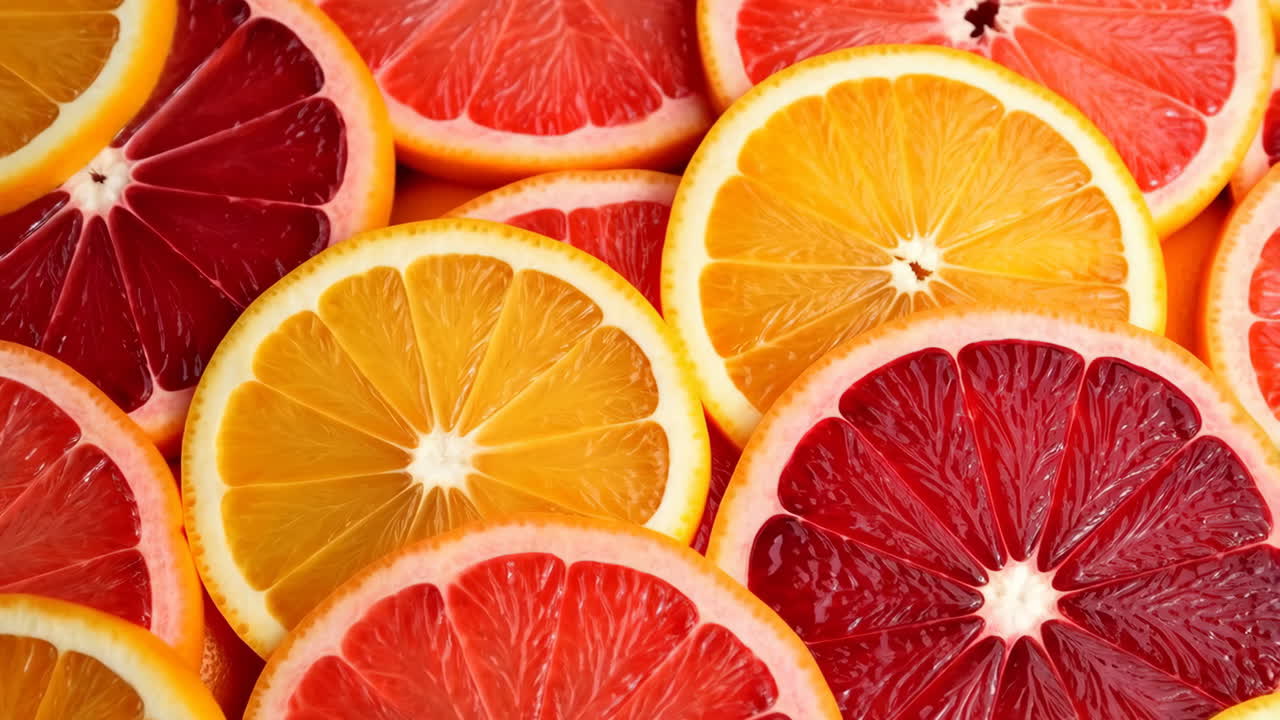 Primo piano di fette di agrumi vibranti, pompelmo e arancia disposti sovrapposti, spicchi freschi e succosi per una colazione stagionale