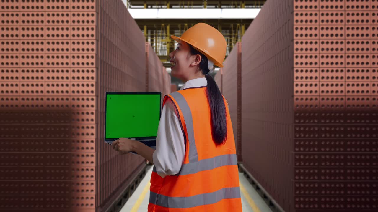 Back View Of Asian Female Engineer With Safety Helmet Working On A Green Screen Laptop And Looking Around With Red Brick Packed in Stacks Are Stored