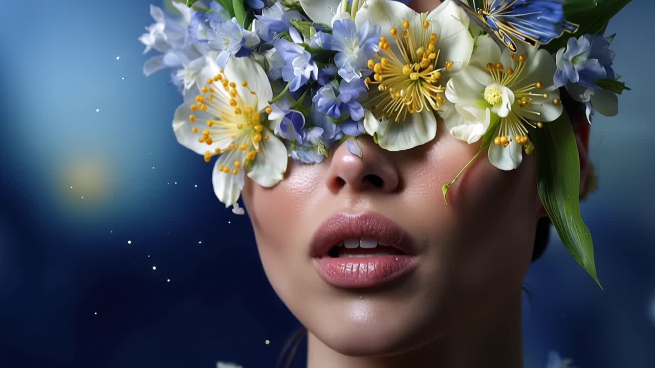 Una donna adornata con fiori vivaci e una farfalla blu crea un'affascinante fusione di natura e bellezza, mostrando un incantevole legame con il mondo naturale