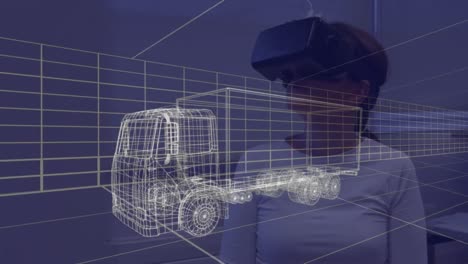 animación de un dibujo de coche en 3d sobre una mujer con auriculares vr