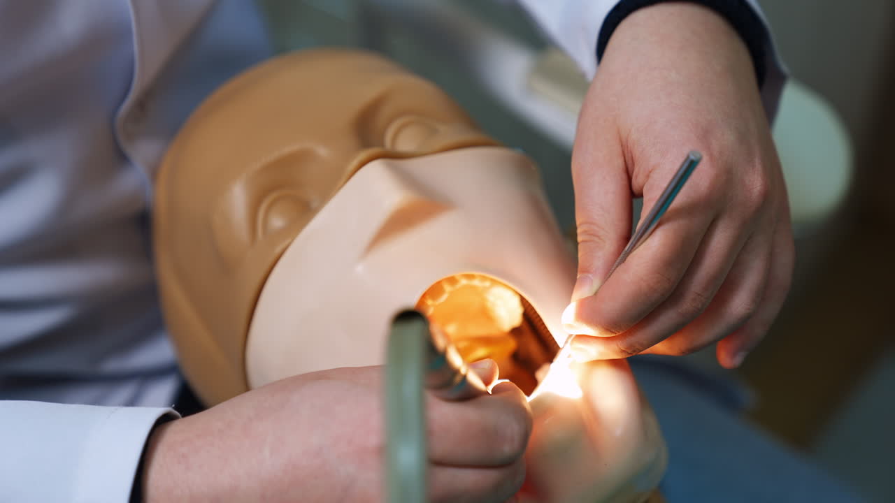 Practicing the dental care on the dummy. Male hand apply the drill on the mannequin. Close up.