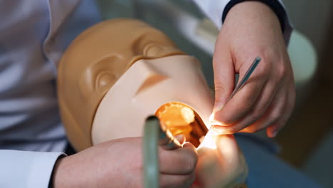 practicing the dental care on the dummy. male hand apply the drill on the mannequin. close up.