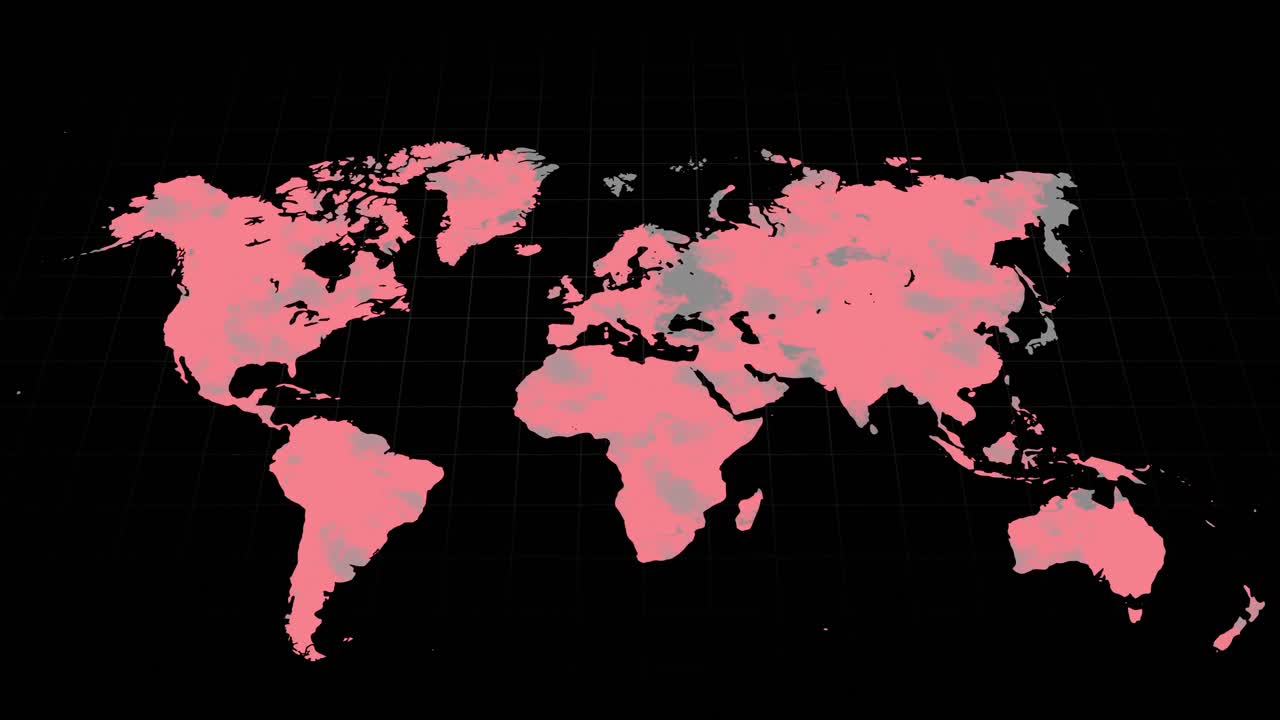 Grey world map changing to mostly pink on a black background