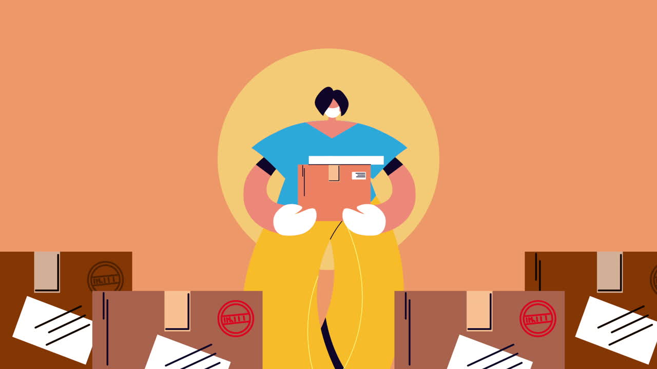 상자 애니메이션을 가진 배달 서비스 노동자