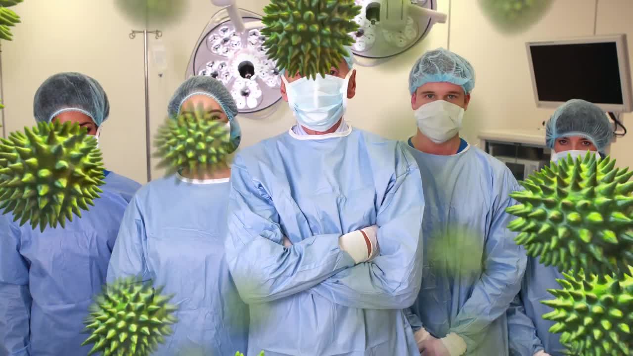 animación de la propagación del coronavirus covid19 con trabajadores de la salud en el fondo
