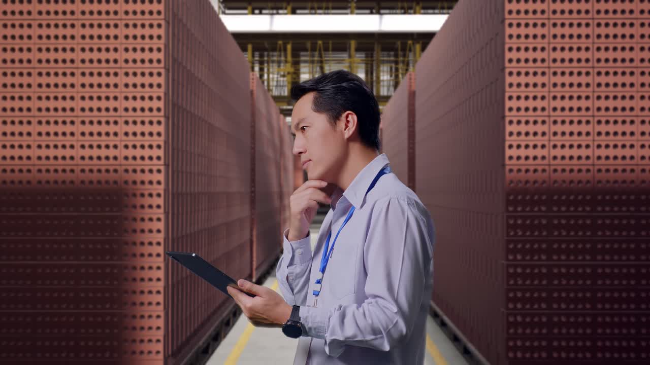 Worker Using Tablet in Brick Warehouse