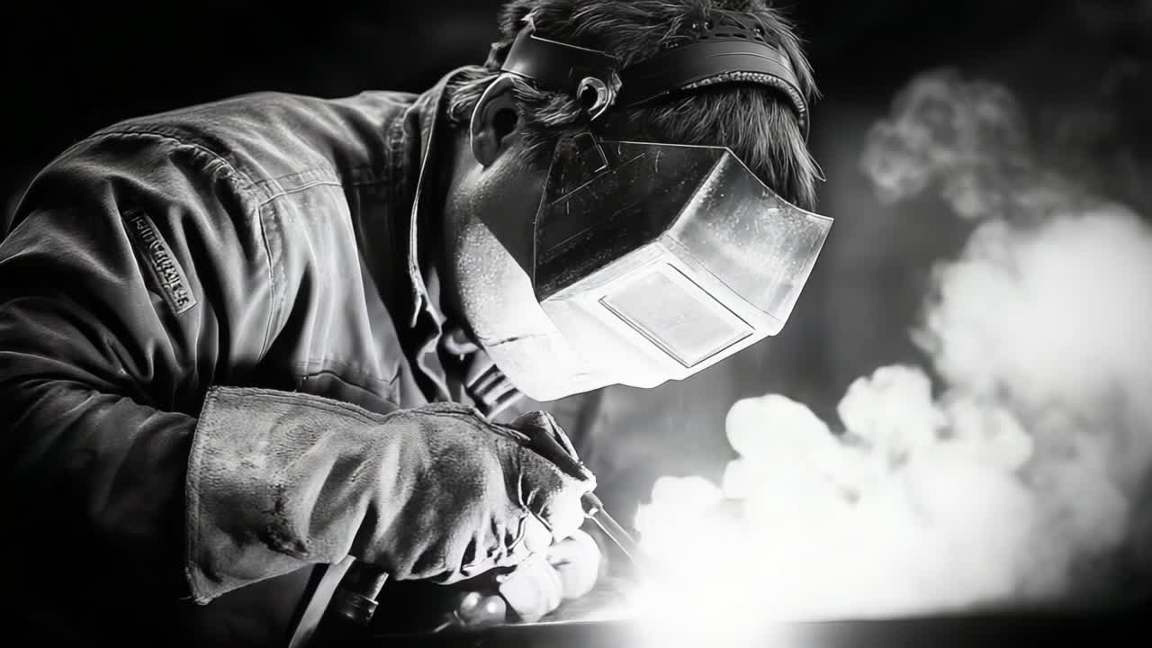 A Skilled Welder in Action: Capturing the Intensity and Craftsmanship of Professional Metal Fabrication in Black and White Imagery