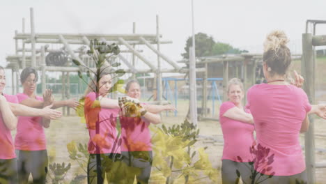 women in pink shirts exercising outdoors with floral overlay animation