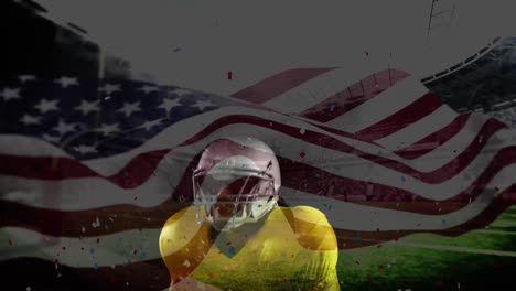 animación de agitar la bandera de los estados unidos y caer confeti sobre el jugador de fútbol americano
