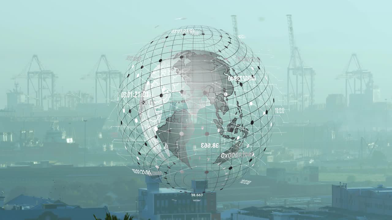 Overlay appearing, faint globe rotating over port, grid shifting, codes pulsing to show trade data
