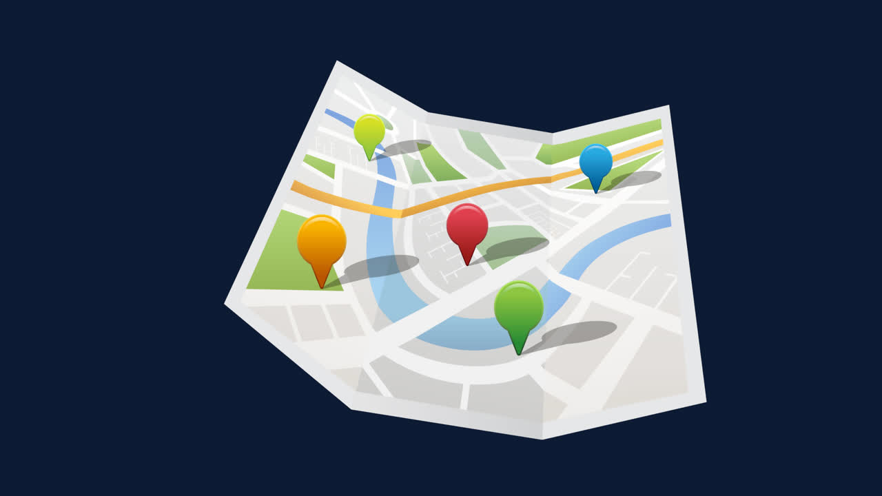 animación de pines de ubicación multicolores sobre el mapa sobre fondo azul