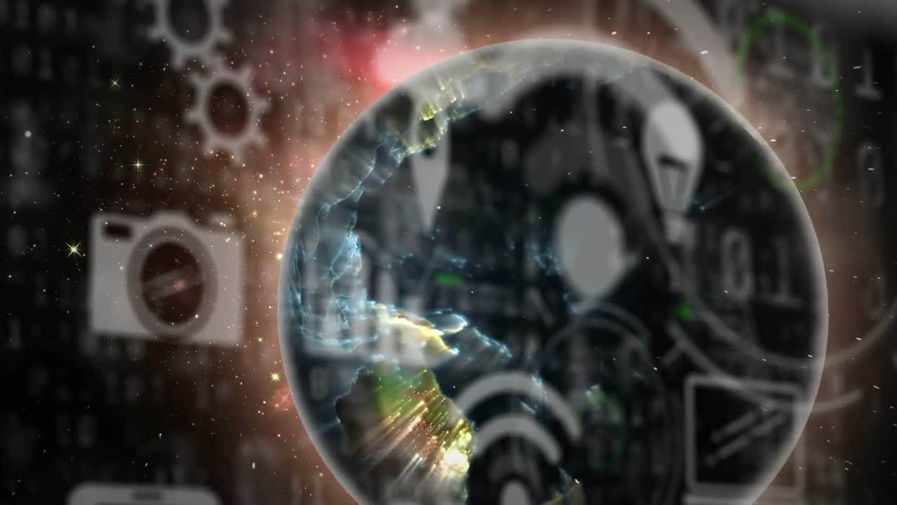 지구가 회전하는 데이터 처리 애니메이션과 함께 기술 아이콘과 그래프