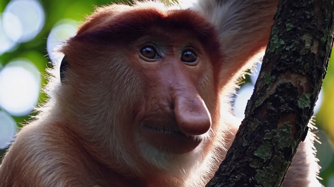 Close-up video shot of a proboscis monkey in natural habitat, highlighting its distinctive nose