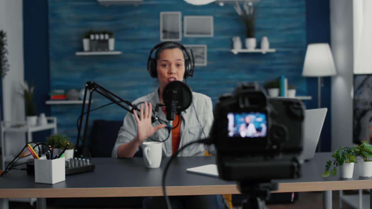 Famous internet influencer greeting audience while starting to record podcast