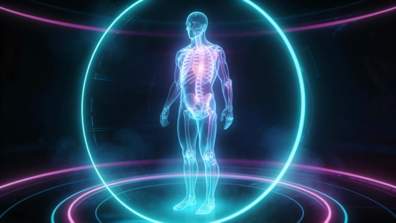 Holograma iniciado em anel ciano, modelo anatômico vira à direita em plataforma, com caixa torácica pulsante para demonstração.