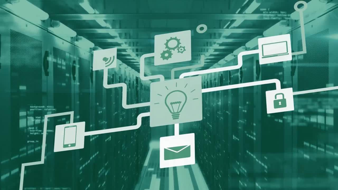 Animation of network of connections with tech room in the background