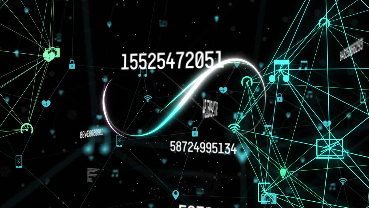 Animation of numbers and networks of connections on black background